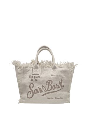 Borsa in tessuto con frange, manici corti e scritta "The place to be Saint Barth Summer Paradise" sulla parte frontale.
