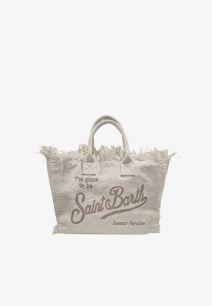Borsa in tessuto con frange, manici corti e scritta "The place to be Saint Barth Summer Paradise" sulla parte frontale.
