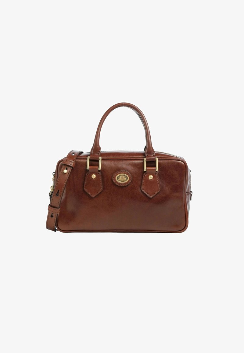 Borsa a tracolla in pelle marrone con manici doppi, tracolla staccabile e hardware in tono oro. Presenta dettagli esagonali e una placca con il marchio.