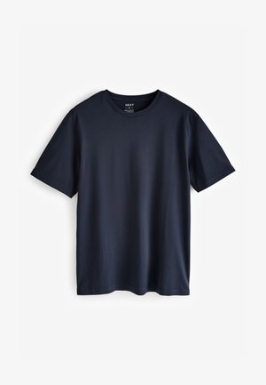 Mörkblå bomulls-t-shirt med rund halsringning och korta ärmar. Har en mjuk textur och en avslappnad passform. Märkesetikett synlig på insidan.