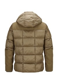 Gepolsterte Jacke in Beige- und Brauntönen, mit Kapuze, gesteppter Optik und strukturierter Verarbeitung, in einfarbigem Design und minimalen Details.