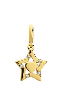 Gouden stervormige hanger met een centraal hart, voorzien van vijf heldere edelstenen. Gladde oppervlakte en gepolijste afwerking. Lus voor bevestiging.