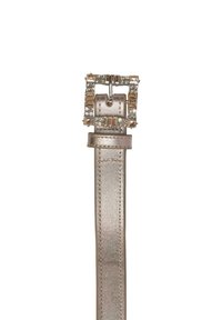 Centură aur roz metalică cu o cataramă pătrată împodobită cu ornamente din cristale dreptunghiulare și rotunde.