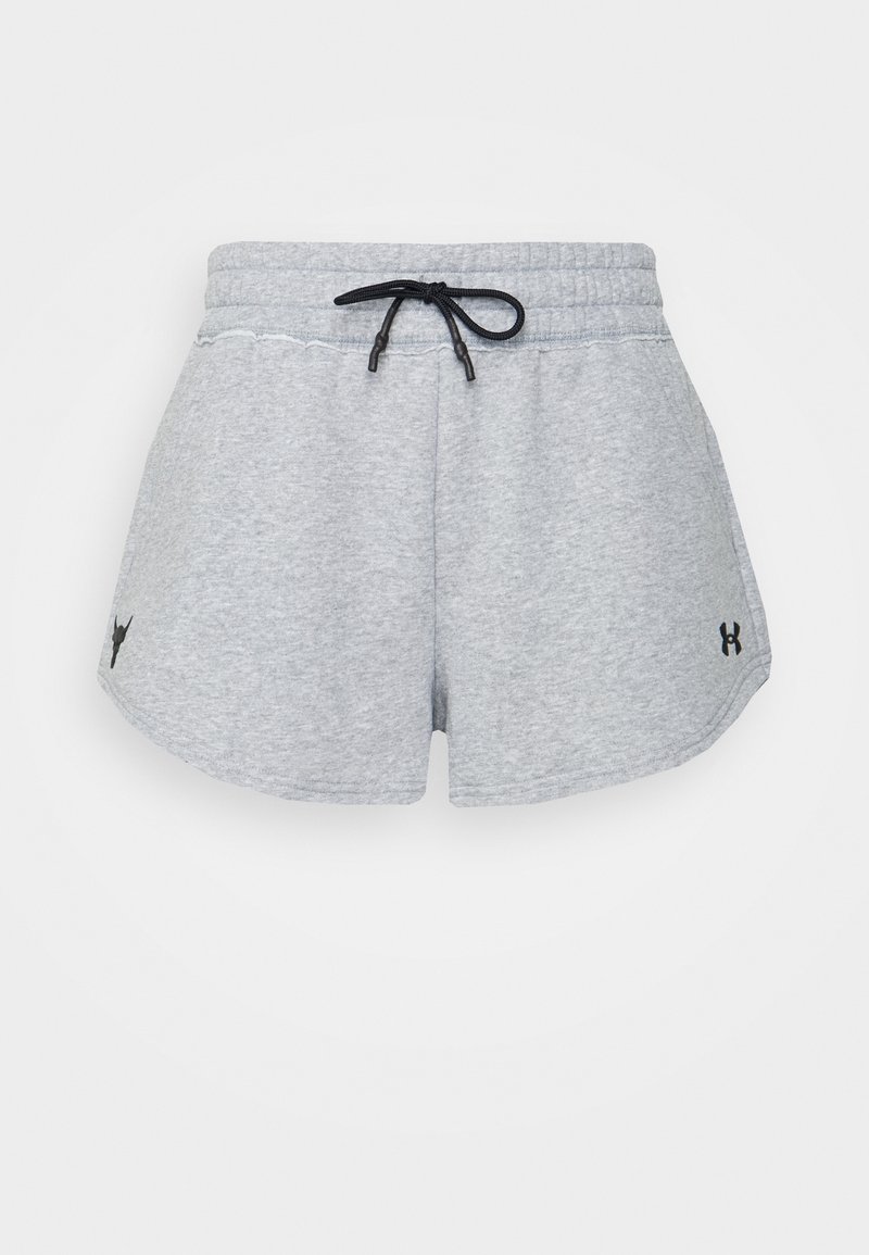 Shorts de sport gris clair avec taille élastique et cordon noir, comportant de petits logos noirs sur les ourlets gauche et droit.