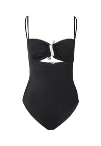 Zwart ééndelige badpak met een uitsnijdingen ontwerp, geplooide cups, dunne verstelbare bandjes en een kleine metalen accent in het midden. Glad textuur.