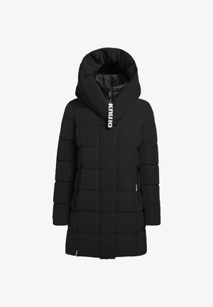 Black quilted puffer jacket with a large hood, front zip closure, two side pockets, and logo detail on the zipper pull. Smooth texture.