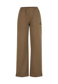 Braune Sweatpants mit lockerer Passform, elastischem Bund und seitlichen Nähten. Verfügt über ein kleines schwarzes Logo an der linken Hüfte. Hergestellt aus weichem Baumwollmaterial.