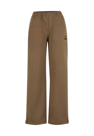 Pantaloni felpa marroni con vestibilità rilassata, vita elastica e cuciture laterali. Presenta un piccolo logo nero sull'anca sinistra. Materiale in cotone morbido.