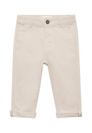 Pantalons beige clair en coton avec une coupe slim. Comprend une fermeture à bouton, des poches avant et des poignets retroussés.