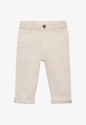 Pantaloni bej deschis din bumbac, cu o tăietură slim. Caracteristicile includ un sistem de închidere cu nasture, buzunare frontale și manșete răsucite.