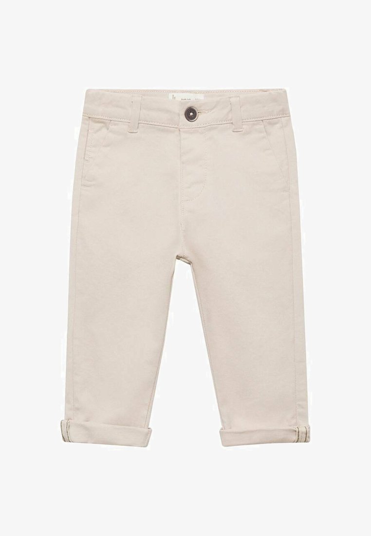 Světle béžové kalhoty z bavlny se slim fit střihem. Mezi vlastnosti patří zapínání na knoflík, přední kapsy a ohrnuté manžety.