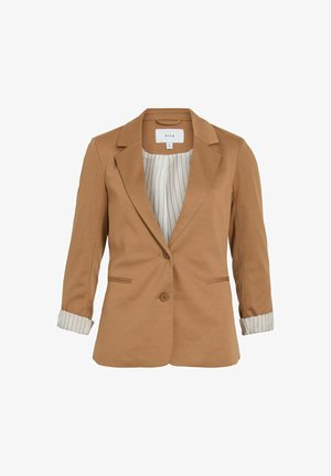 Tan blazer med to knapper, notch lapels, forlommer og optrukne ærmer, der viser hvidt for med tynde lodrette striber.