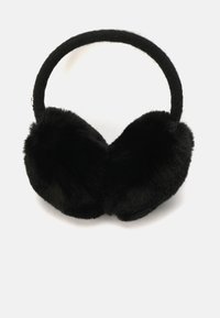 Czarne nauszniki z sztucznego futra o miękkiej fakturze, okrągłym kształcie i cienkim czarnym pałąku. Nie mają widocznych elementów metalowych ani dodatkowych ozdób.