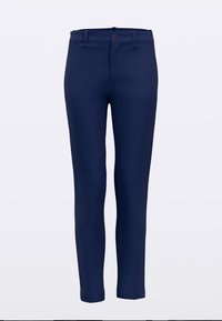 Pantalones azul marino de corte ajustado, confeccionados con una tela suave. Presentan un cierre frontal con botón y presillas para cinturón. Sin patrones ni detalles visibles.