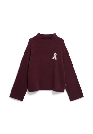 Bordeaux gebreid sweater met een hoge hals, lange mouwen en een zachte textuur. Voorzien van een klein wit lintlogo op de borst.