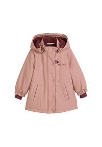 Rosa wasserdichte Jacke mit Kapuze, Druckknopfverschluss, elastischen Bündchen und zwei Fronttaschen. Mit burgunderrotem Innenfutter und Blumenlogo.