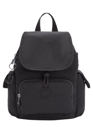 Black backpack with a flap closure, front zipper pocket, and logo patch. Made of durable material with adjustable straps and textured surface.