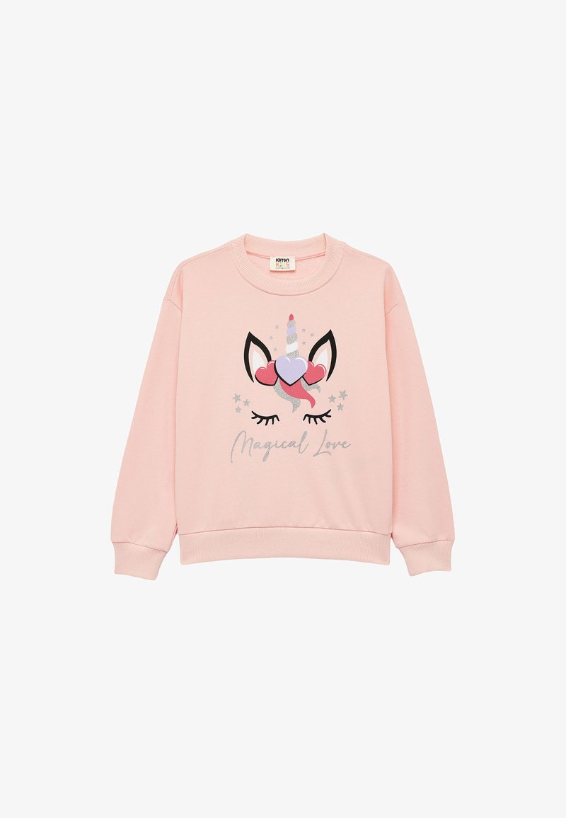 Felpa rosa con un design di unicorno, cuori e corna a spirale. Il testo sottostante recita "Amore Magico". Tessuto morbido, vestibilità rilassata, maniche lunghe.
