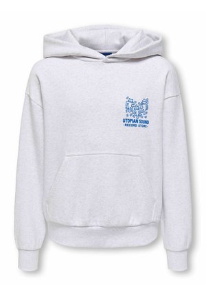Sweat à capuche gris clair avec poche avant, motif bleu de figures dansantes et texte "Utopian Sound Record Store" sur la poitrine gauche.