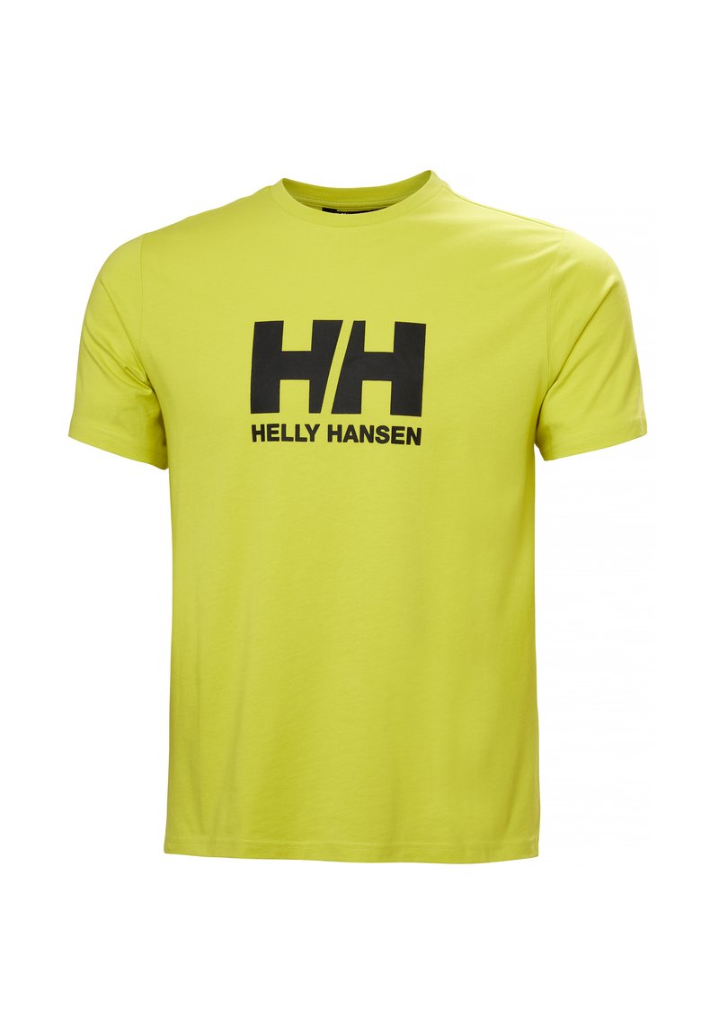 Pánské tričko s krátkým rukávem v jasně žluté bavlně s černým logem "HH" a textem "HELLY HANSEN" vytištěným na přední straně.