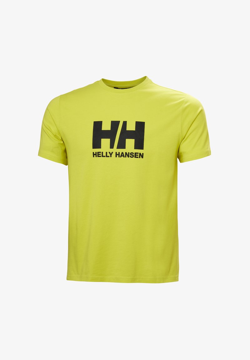 Pánské tričko s krátkým rukávem v jasně žluté bavlně s černým logem "HH" a textem "HELLY HANSEN" vytištěným na přední straně.