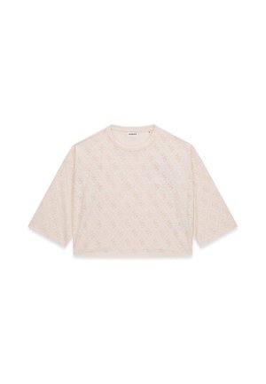 Chemise courte beige à manches courtes avec un motif floral subtil et un col rond, présentée à plat sur fond blanc.