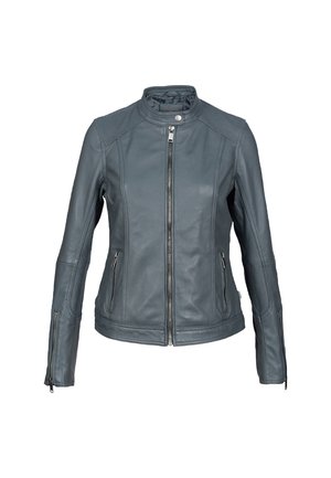 Veste en cuir gris avec un col montant, fermeture éclair devant et deux poches latérales. Dotée de panneaux texturés aux épaules et aux bras.