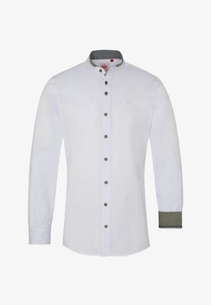 Weißes Langarmhemd mit Stehkragen, braunen Knöpfen und grauen Akzenten am Kragen und an den Manschetten. Strukturiertetes Gewebe mit glatter Oberfläche.