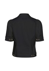 Svart kortärmad jacka gjord av lätt material, med en strukturerad design, puffärmar och metallknappdetaljer vid ärmsluten.