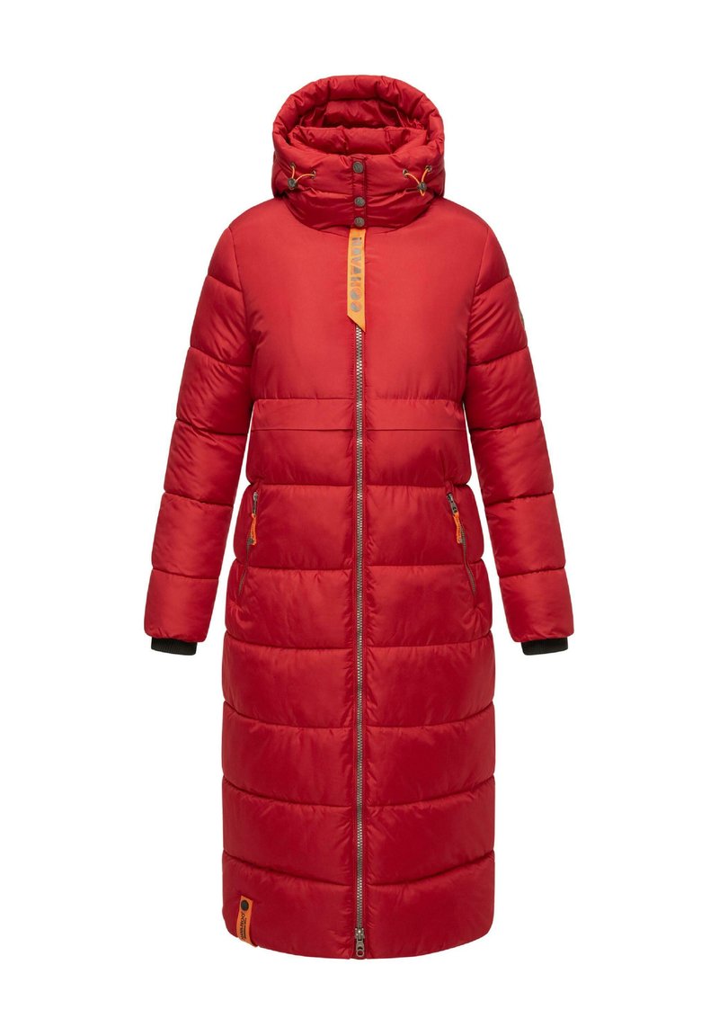 Red puffer coat with a high collar, front zipper, two side pockets, and elastic cuffs. Features a textured finish and contrasting hardware accents.