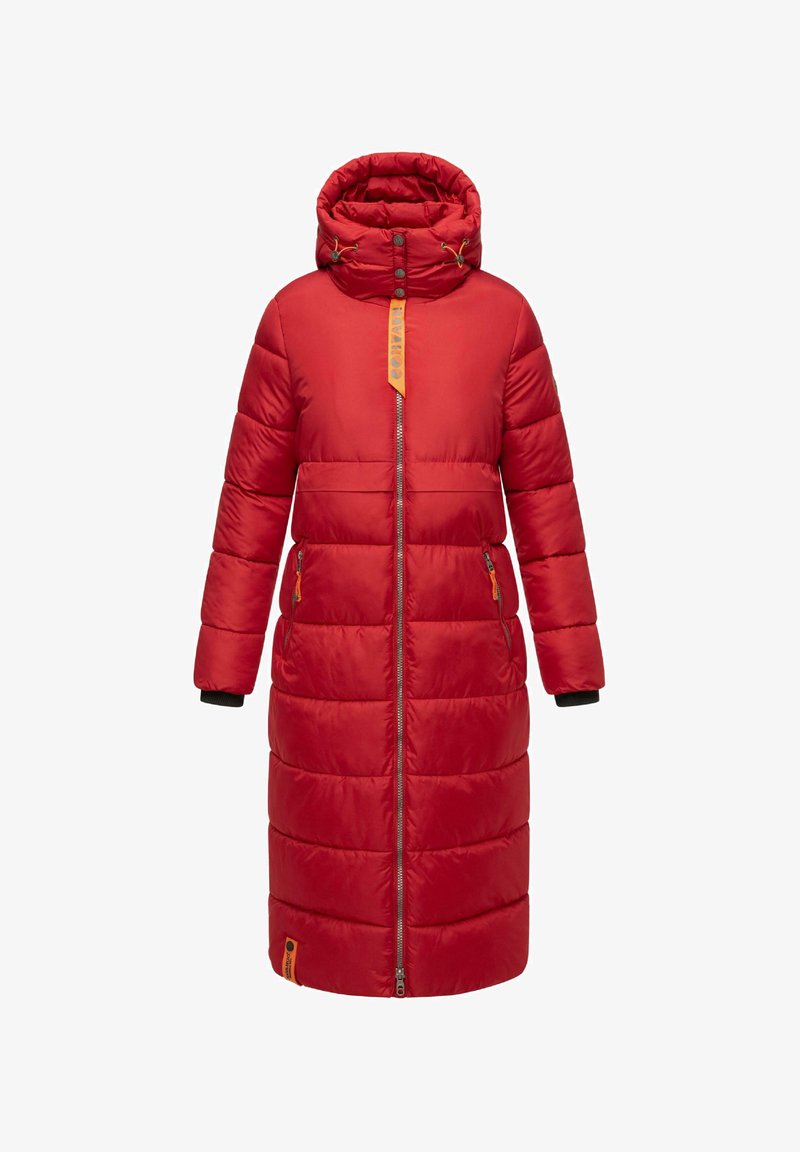 Red puffer coat with a high collar, front zipper, two side pockets, and elastic cuffs. Features a textured finish and contrasting hardware accents.