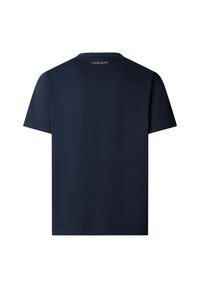 Camiseta azul marino de manga corta con el texto "HACKETT" impreso en blanco cerca del cuello trasero.