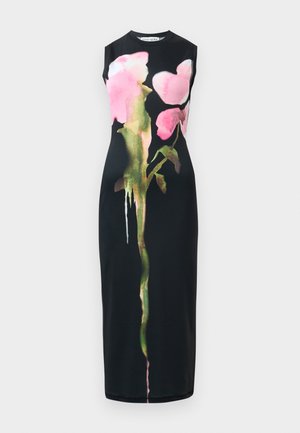 Schwarzes ärmelloses Kleid mit rosa Blumen und grünen Akzenten, aus glattem Stoff, entworfen in einer figurbetonten Silhouette mit geradem Saum.