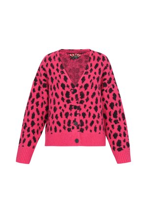 Růžový pletený kardigan s černými leopardími skvrnami, V-výstřih, dlouhé rukávy a žebrované manžety a spodní lem. Obsahuje pět černých knoflíků.
