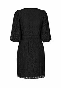 Black lace dress with short puff sleeves, cinched waist, and floral pattern. Sheer texture and knee-length design. Back view shown.