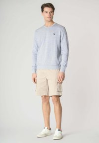 Felpa grigia chiara con collo a giro, polsini a costine e un piccolo logo sul petto, abbinata a pantaloni cargo beige e sneakers bianche.