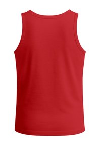 Red sleeveless tank top, made of smooth fabric, features a high neckline and wide armholes, with a solid color and no visible patterns.
