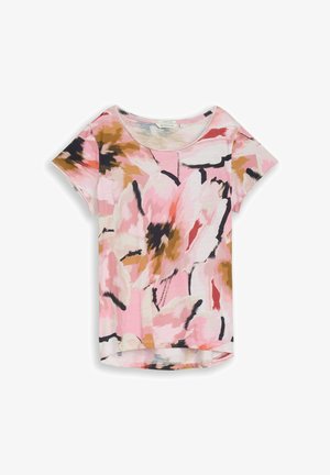 Damska różowa bluzka w kwiaty z krótkim rękawem i okrągłym dekoltem, z dużymi abstrakcyjnymi kwiatami w białym, brązowym i czarnym wzorze pociągnięć pędzla.