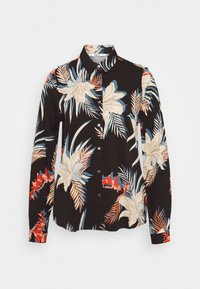 Sort skjorte med knapper og et tropisk blomstermønster i creme, blå og rød. Lavet af letvægtsstof, har lange ærmer og krave.