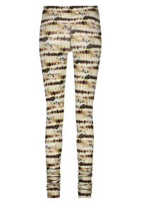 Leggings gjorda av ett elastiskt tyg med ett flerfärgat abstrakt mönster med horisontella ränder i beige, bruna och gröna nyanser.