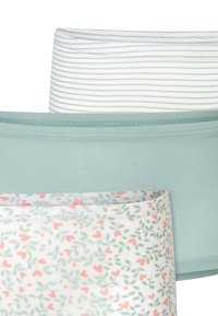 Three fabric bands: one solid mint green, one white with thin green stripes, and one white with a floral pattern of green leaves and pink hearts.