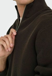 Mörkbrun stickad pullover med hög krage och halvdragkedja. Ribbad textur på ärmar och krage, slät kropp, figursydd design.