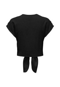 Black, cropped top with short sleeves and a tied back detail. Made of a textured fabric, featuring a clean, simple design without patterns.