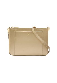 Beżowa torba na ramię o teksturowanym wykończeniu, z zamkiem błyskawicznym i przednią kieszenią; posiada złote logo i regulowany pasek.