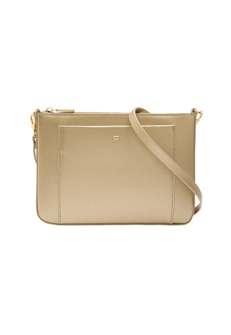 Beżowa torba na ramię o teksturowanym wykończeniu, z zamkiem błyskawicznym i przednią kieszenią; posiada złote logo i regulowany pasek.