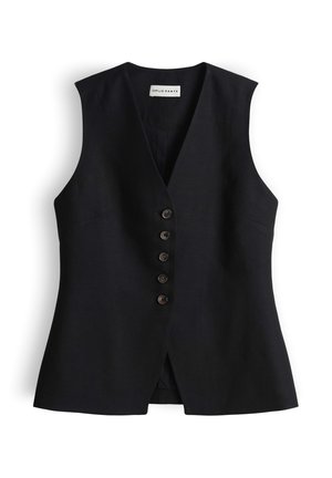 Gilet nero senza maniche con cinque bottoni frontali e colletto a V, sagomato per una silhouette aderente.