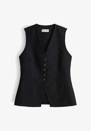 Gilet nero senza maniche con cinque bottoni frontali e colletto a V, sagomato per una silhouette aderente.