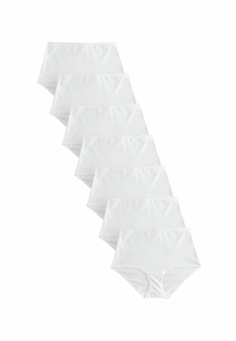 Pakket van zes hoge witte katoenen slips met een gladde textuur en gestikte naden, met een klassiek ontwerp.