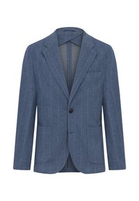 Blazer blu con texture e leggere righe verticali, chiusura a un bottone, rever a lupo e due tasche frontali. Interno foderato.