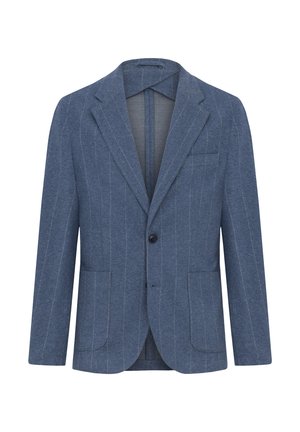 Texturierten blauen Blazer mit hellen vertikalen Streifen, einem Ein-Knopf-Verschluss, Reverskragen und zwei frontalen Taschen. Gefüttertes Innenfutter.